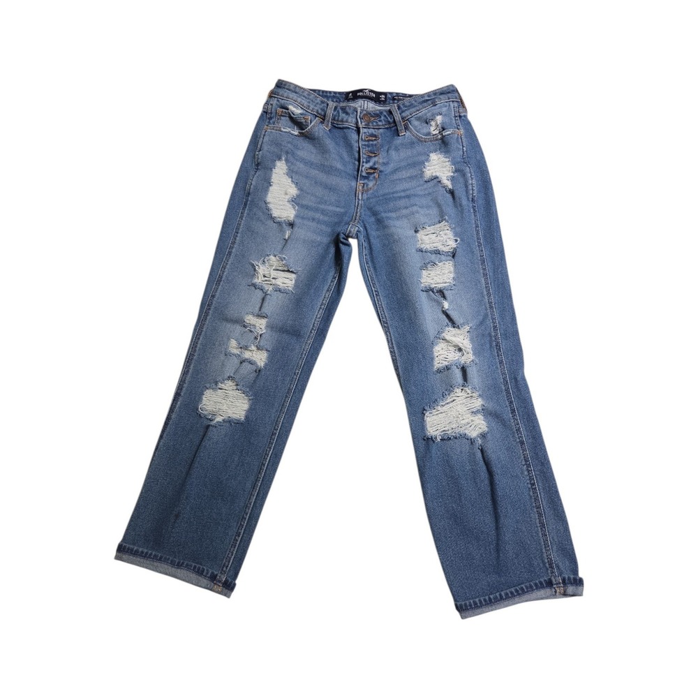 Hollister Jeans Womens 3R Blue Mid-Rise Crop Boyfriend Distressed Denim